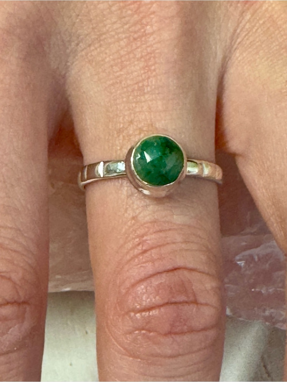 Natural Emerald Bezel Ring - Sterling Silver - Size 8.25